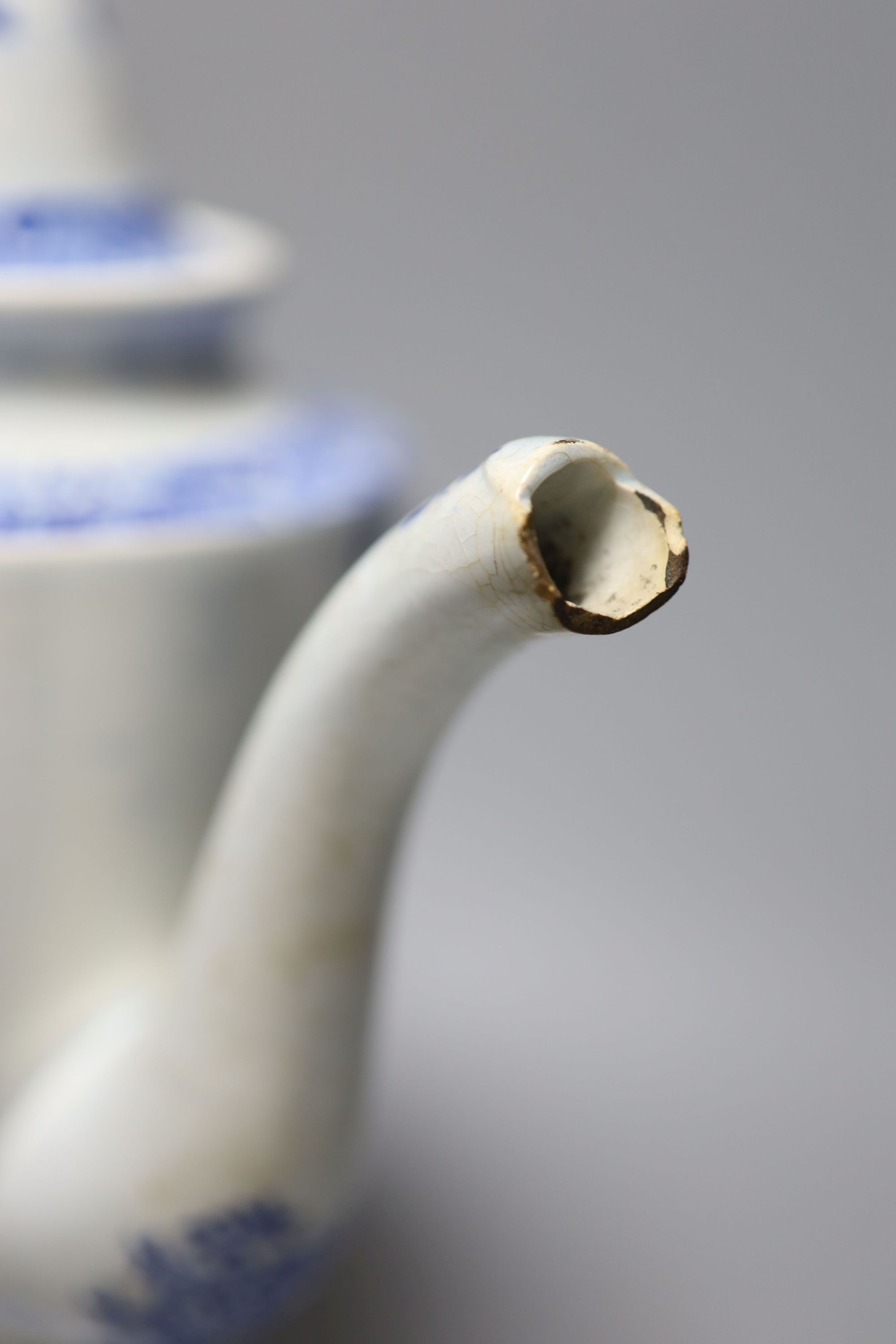 A Staffordshire pearlware blue and white pottery coffee pot and a Copeland Spode pilgrim flask, tallest 31cm